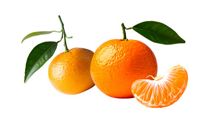 tangerines isolated on transparent background. clementine orange with slice stem and leaf, oranges fruit photo.