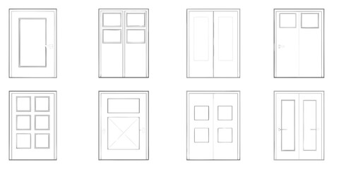 Collection of eight different styles of architectural doors and entryways with various window configurations