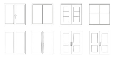 Collection of eight different styles of architectural windows and doors in a clean line drawing illustration
