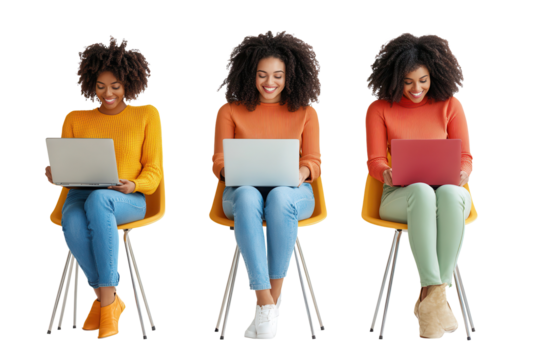 Young woman engaged with a laptop while seated in a bright indoor setting wearing stylish outfits and a joyful expression for a vibrant and modern atmosphere