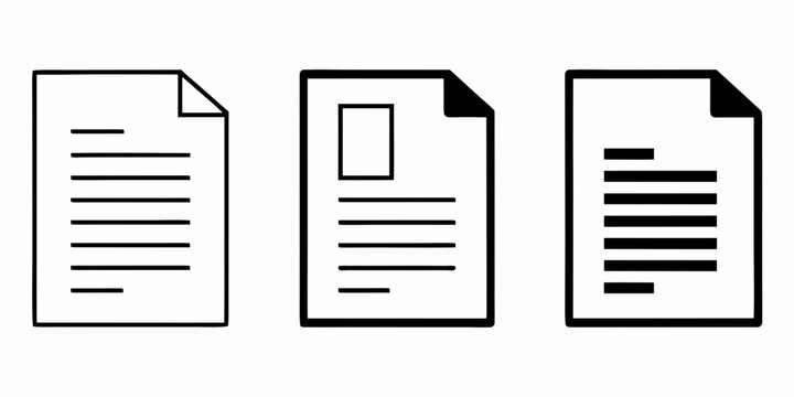 Three simple black and white icons representing documents or papers with text and a photo placeholder