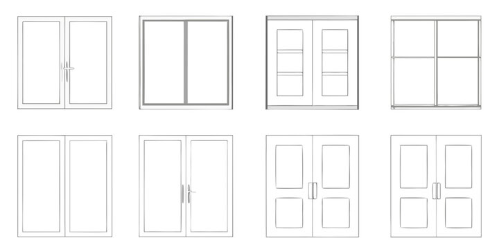 Collection of eight different styles of architectural windows and doors in a clean line drawing illustration