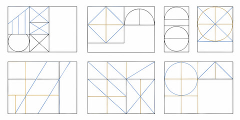Geometric patterns and designs with circles squares and triangles in a grid layout