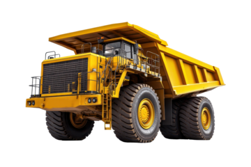 Massive yellow mining truck operating in a rugged terrain at a construction site during daylight