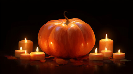 Obraz premium A glowing pumpkin surrounded by candles ,happy pumpkin, vector style