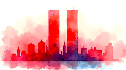 Fototapeta premium City Skyline Watercolor Silhouette with Tall Buildings and Red Hues