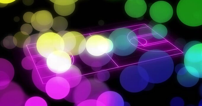 Drifting circles revealing neon-pink court outline, tilting rotating showcasing court formation