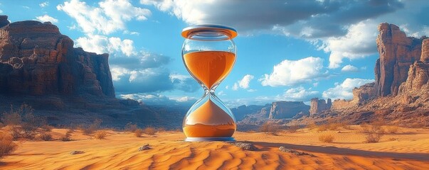 large hourglass with orange sand standing on sandy desert floor between rocky cliffs under cloudy blue sky