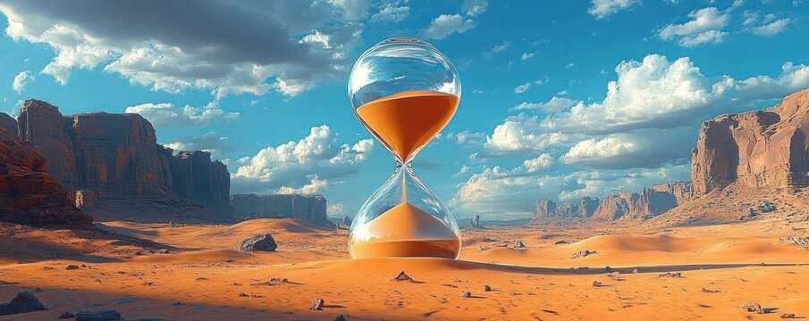 A giant hourglass with orange sand placed on a vast desert landscape surrounded by red rocky cliffs under a bright blue sky with scattered clouds, evoking a sense of time and solitude - Powered by Adobe