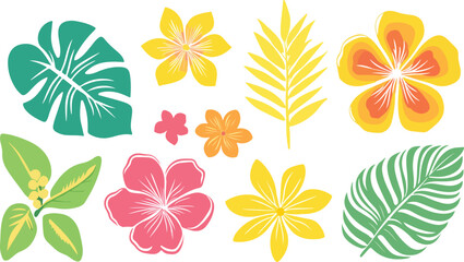 Vibrant tropical floral elements and leaves collection in bright colors on white background