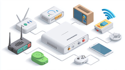 Wi-Fi router with connected devices, electrical communications , vector style