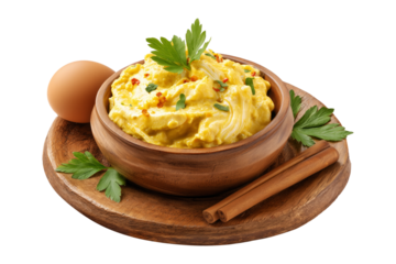 Aji de Gallina creamy Peru poached chicken coated in a spicy and creamy nut-based sauce, herbs, and walnuts served in wooden bowl isolated on white background, concept of South American Cuisine