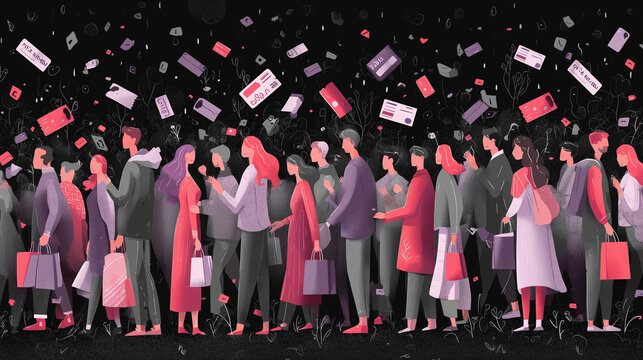 Black Friday crowd with discounts floating, shop coupons , vector style