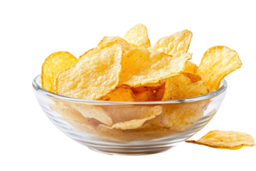 Bowl of crispy potato chips isolated on transparent background ready for snacking or serving during gatherings and parties