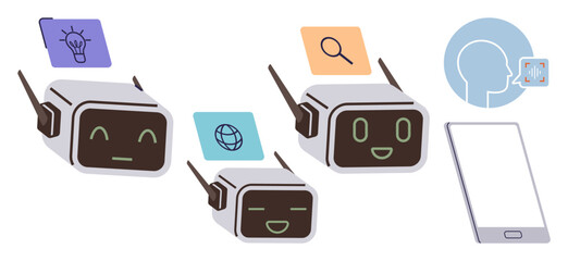 Friendly chatbots with icons representing ideas, search, and global communication. Human profile with connection icon and a smartphone hinting at AI interaction. Ideal for AI, chatbot, smart