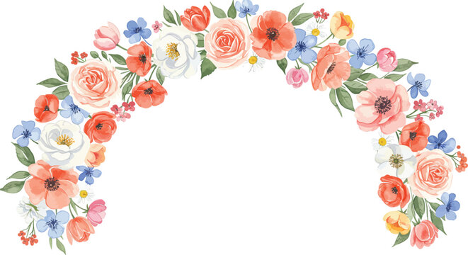 A beautiful watercolor floral arch with pink roses, red poppies, and blue flowers on a transparent background.
