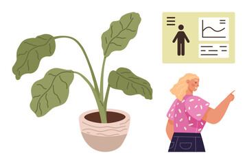 Woman pointing at a presentation with charts on a board, potted green plant with large leaves nearby. Ideal for education, growth, training, strategy, communication, statistics, simple flat metaphor