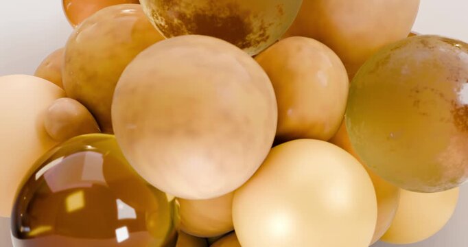 3D animation oval-shaped yellow fat cells are arranged side by side, forming a dense cluster. The golden-orange molecules increase and decrease in size
