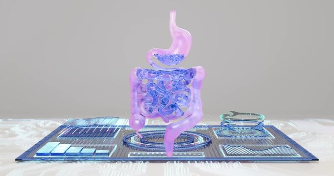 3D animation of a digital tablet with medical data, with glowing neon contours containing information about treatment and damage to the digestive system organs. Futuristic treatment, achievements of s