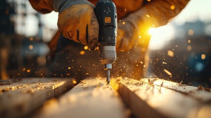 Close-up of hands wearing gloves using a power drill on wooden planks with bright sparks flying in a workshop setting