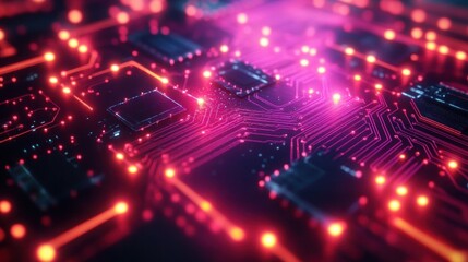 Obraz premium Close-up view of a glowing futuristic circuit board with vibrant pink and orange lights illuminating electronic components and intricate pathways