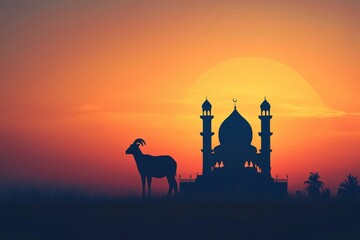Obraz premium Eid al-Adha sunset: mosque and goat silhouette in nature.