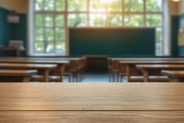 Empty classroom with wooden desks and chairs arranged in rows facing a large window and a green chalkboard with sunlight filtering through the window
