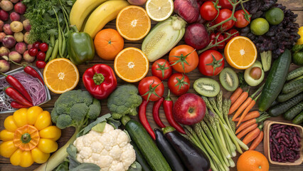 Colorful assortment of fresh fruits and vegetables including oranges, tomatoes, peppers, bananas,...