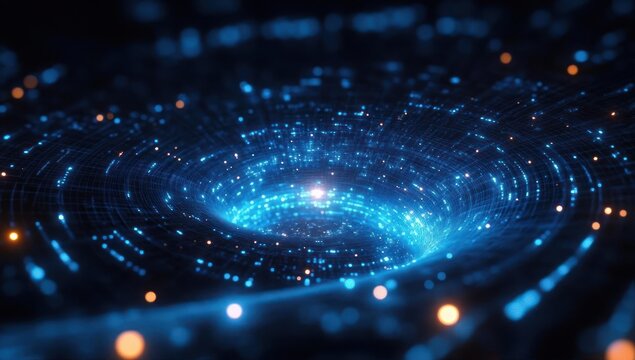 Glowing blue and orange digital light vortex swirling into a bright center representing a futuristic data or energy field - Powered by Adobe
