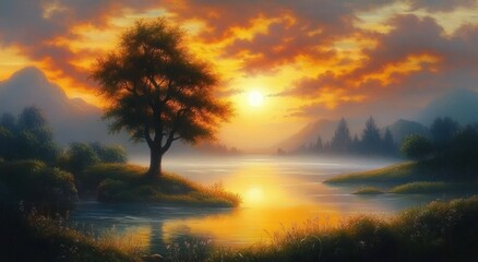 Fototapeta premium Serene sunset over calm lake with solitary tree on small island surrounded by grass, misty mountains, and warm clouds reflecting on water