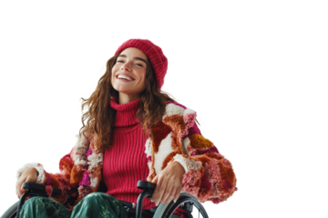 Smiling woman in wheelchair showcasing stylish outfit and confident expression in bright indoor setting