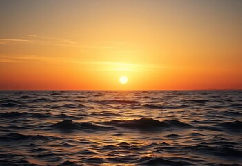 Golden sunrise paints the sky over calm ocean waves, distant shoreline,  nature,  scenic