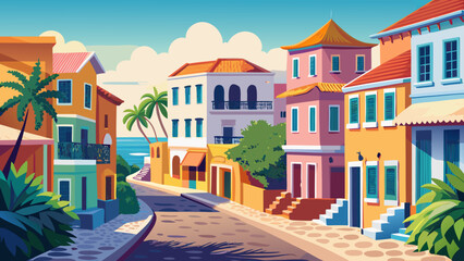 Fototapeta premium Island of Gorée, Senegal Pastel-hued colonial houses line cobbled streets, their facades whispering stories of history and resilience, overlooking shimmering Atlantic waters that reflect Gorée’s timel