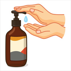A hand pressing a pump bottle, used for dispensing liquid soap or lotion kawaii doodle flat 2D cartoon vector illustration 