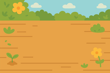 Wooden plank with natural background, blue sky and green bush scenery kawaii doodle flat 2D cartoon vector illustration