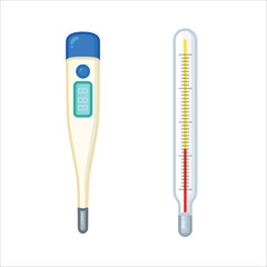 Glass mercury thermometer and digital thermometer side used for measuring body temperature kawaii doodle flat 2D cartoon vector illustration