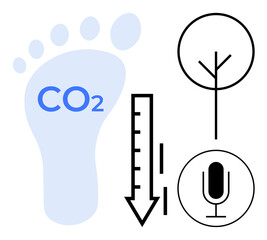 Blue footprint with CO2, thermometer with downward arrow, tree symbol, and microphone. Ideal for climate action, sustainability, emission reduction, eco-awareness, green technology environmental
