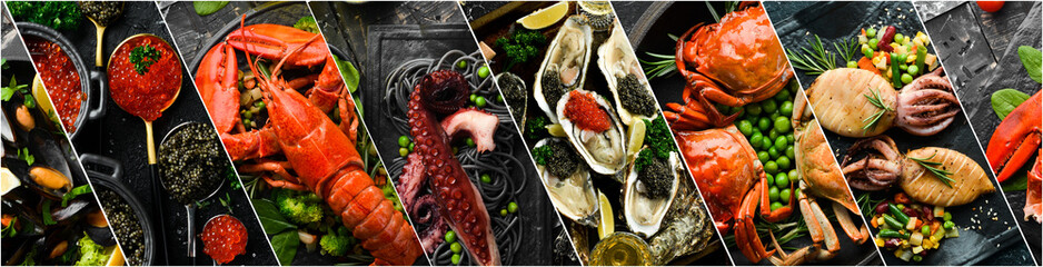 Photo collage. Set of Seafood Dishes. Seafood on a plate. On a dark stone background. Advertising...