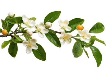Obraz premium Blossoming orange tree branch showcasing white flowers and bright fruit in detail, highlighting the beauty of spring growth and nature's bounty