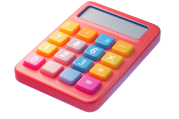 Colorful cartoon calculator plastic icon in vibrant design, displaying numerical keypad with basic operations from a playful perspective