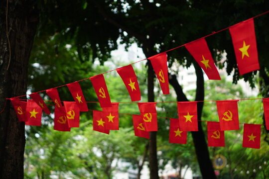 Hanging Vietnamese national flag displayed to celebrate the 80th anniversary of Vietnam National Day, September 2, 2025, marking the historic milestone with the A80 military parade in Hanoi. 