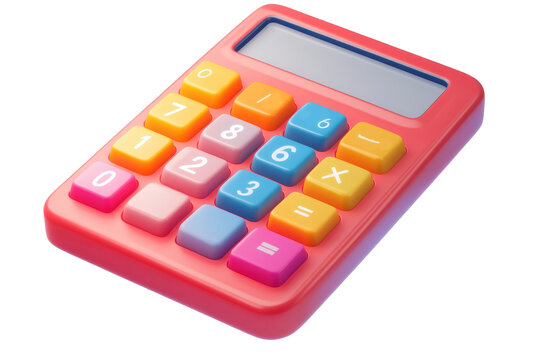 Colorful cartoon calculator plastic icon in vibrant design, displaying numerical keypad with basic operations from a playful perspective