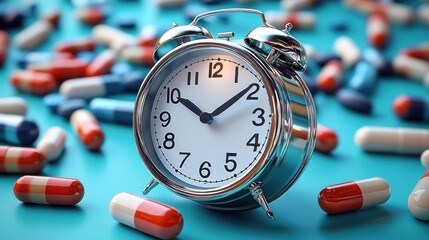 Silver alarm clock showing time surrounded by scattered red and white capsules on blue surface symbolizing medicine schedule