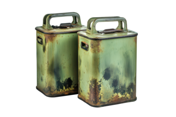 Motor oil canisters with vintage appearance isolated on white background showcasing rust and wear