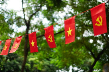 Hanging Vietnamese national flag displayed to celebrate the 80th anniversary of Vietnam National Day, September 2, 2025, marking the historic milestone with the A80 military parade in Hanoi. 