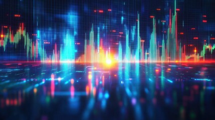 Abstract digital financial graph with vibrant glowing blue and red lines and bars depicting data trends in a futuristic virtual environment