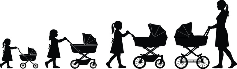 Silhouette vector illustration showing a girl growing into a mother while pushing baby strollers, symbolizing life stages and motherhood.