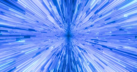 Futuristic glowing neon rays background. Shining geometric blue cubes in perspective. Bright retro digital cyberspace. 3D rendering.