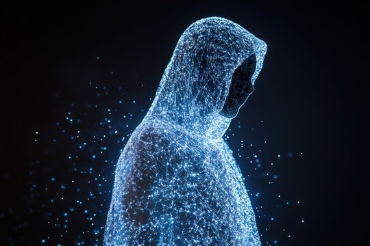 Abstract digital hooded figure, glowing blue network