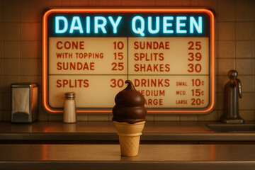 A vintage Dairy Queen counter with a perfectly swirled vanilla cone, dipped in chocolate shell, set against a neon-lit menu board